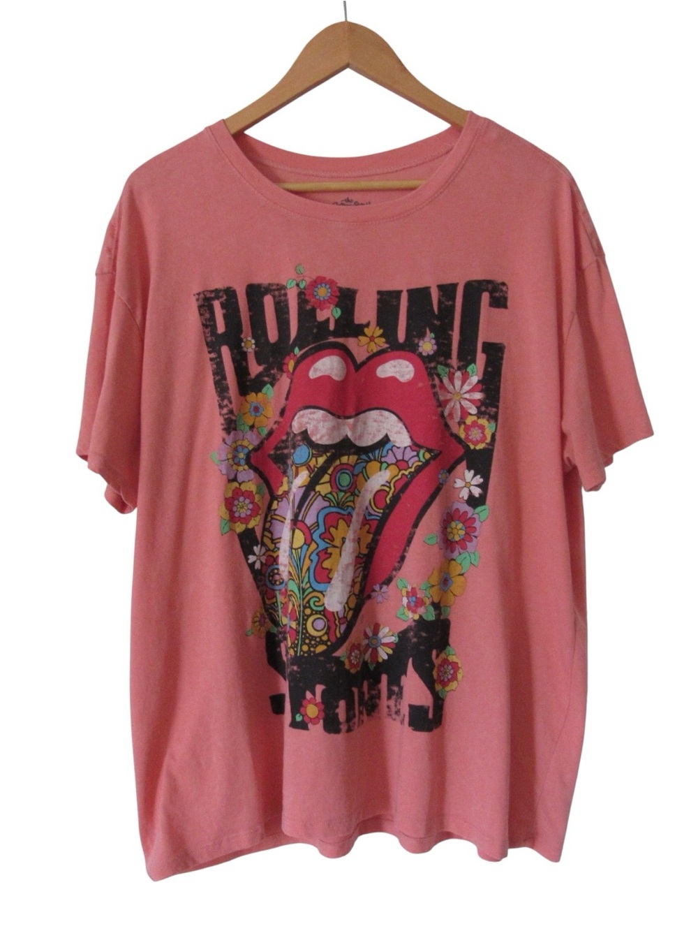 The Rolling Stones Pink Floral Tongue Logo Graphic T-Shirt XXL Band Rock ‘n Roll